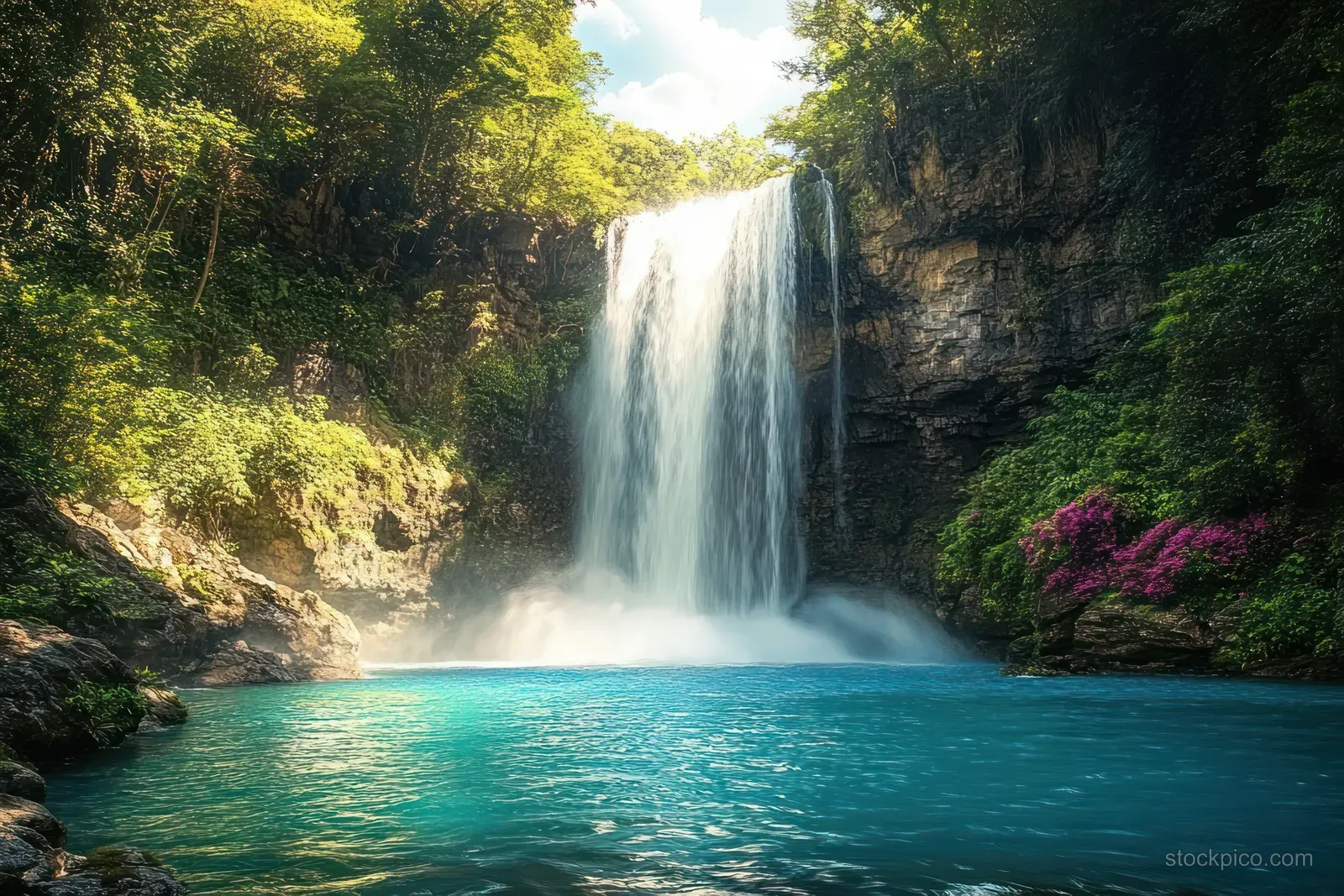 A sunlit waterfall pours into a turquoise pool surrounded by green foliage and colorful flowers.