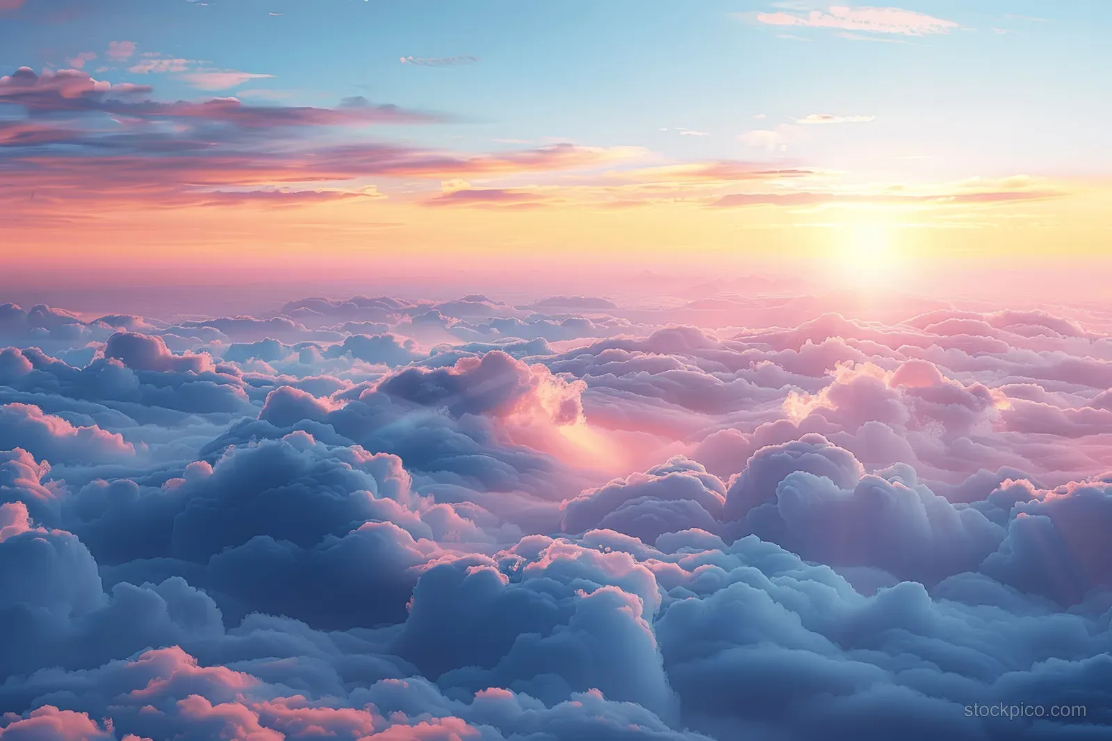 Sunset light illuminates layered cloud tops from an aerial perspective with pink and blue sky.
