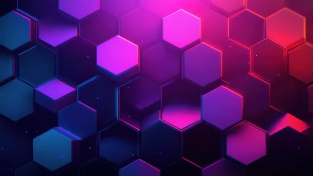 Glowing 3D hexagon blocks with purple pink blue neon lighting in futuristic depth