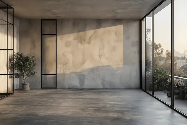 Empty concrete interior with floor-to-ceiling windows and city landscape through glass panels