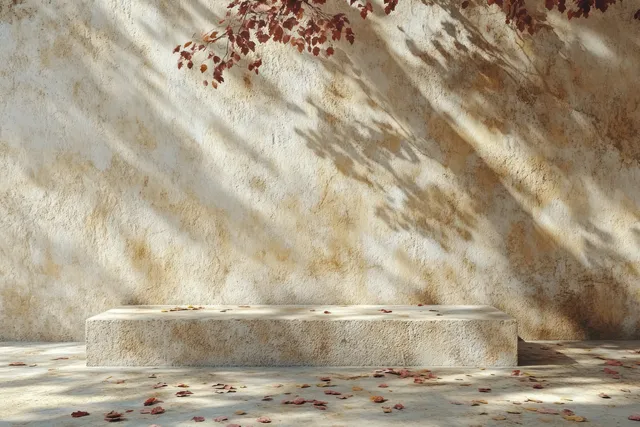 Minimalist stone podium with natural leaf shadows under sunlight on beige textured ground