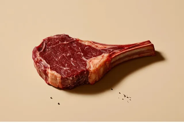 Raw tomahawk steak with marbling and exposed bone on beige surface with scattered black peppercorns.