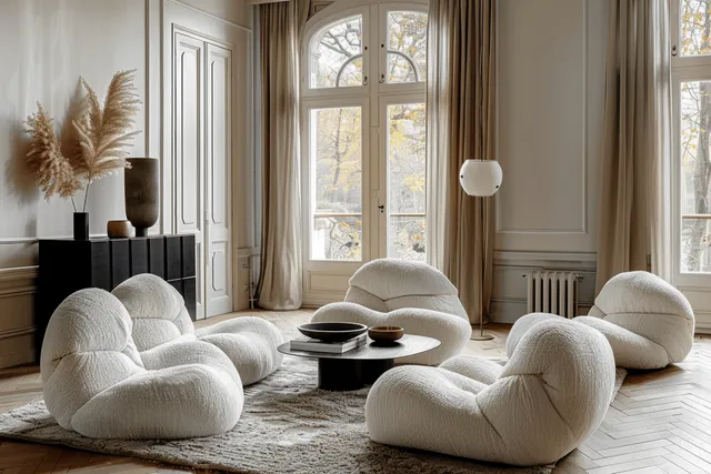 Fluffy lounge chairs and a round coffee table sit in a French-style living room with curtained arched windows.