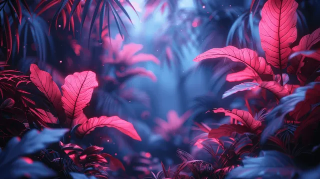 Neon fantasy jungle leaves glowing pink and blue against a misty night backdrop