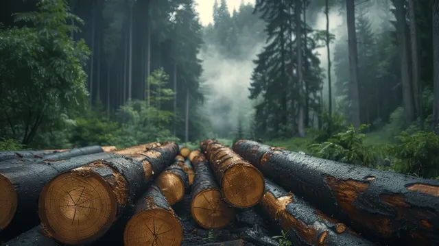 Stacked cut wood logs rest on forest ground with fog and tall pine trees behind them.