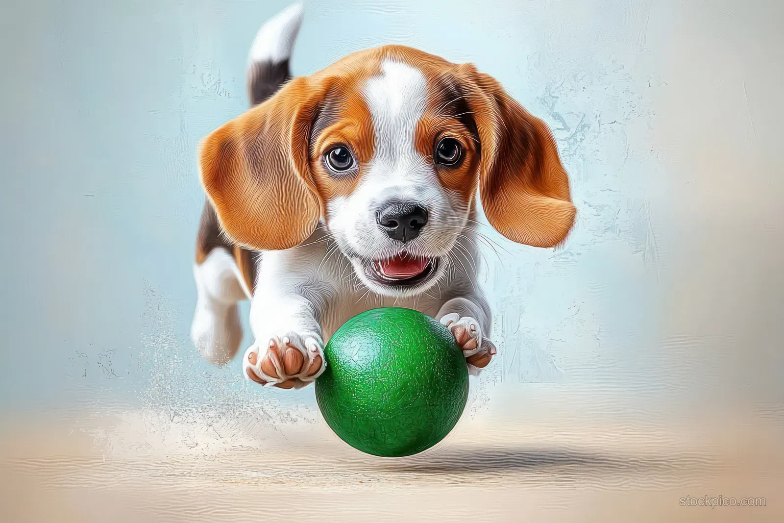 A small brown and white dog leaps to catch a green ball midair against a light textured background.