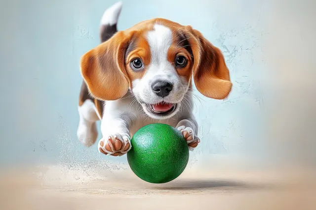 A small brown and white dog leaps to catch a green ball midair against a light textured background.