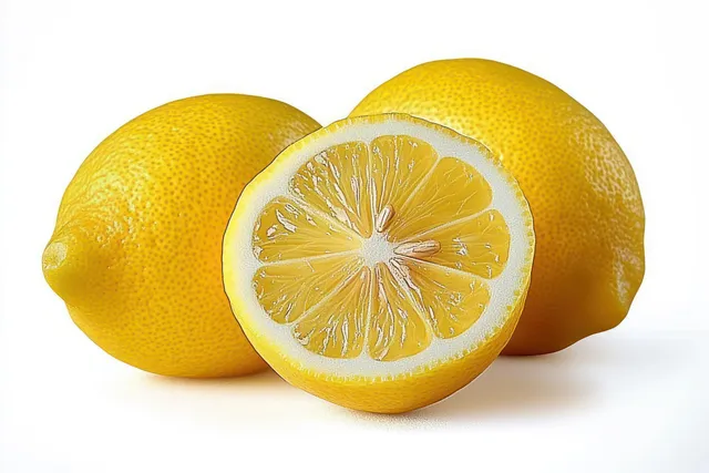 Two whole yellow lemons and one lemon half with visible seeds and juicy interior on a white background.