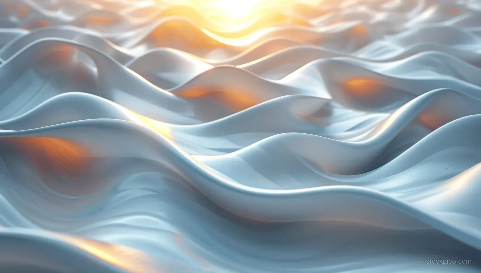 Abstract white 3D waves with warm light highlights.