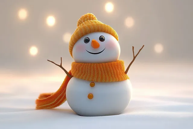 Cute cartoon snowman waves while wearing an orange scarf and hat in a snowy scene with glowing lights.