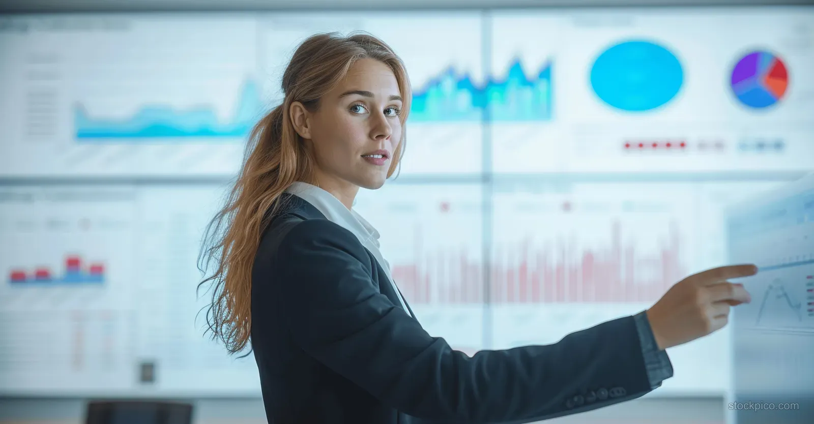 Hispanic businesswoman points at financial graphs on a large screen during a corporate meeting.