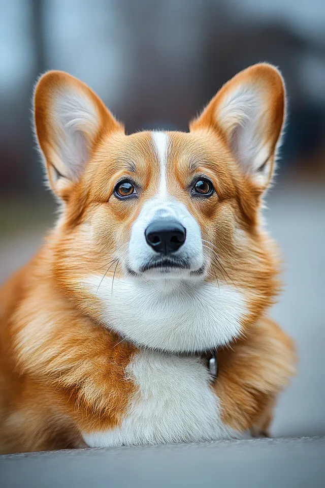 Fluffy corgi puppy with upright ears and brown-and-white fur looking calmly at the camera outdoors.