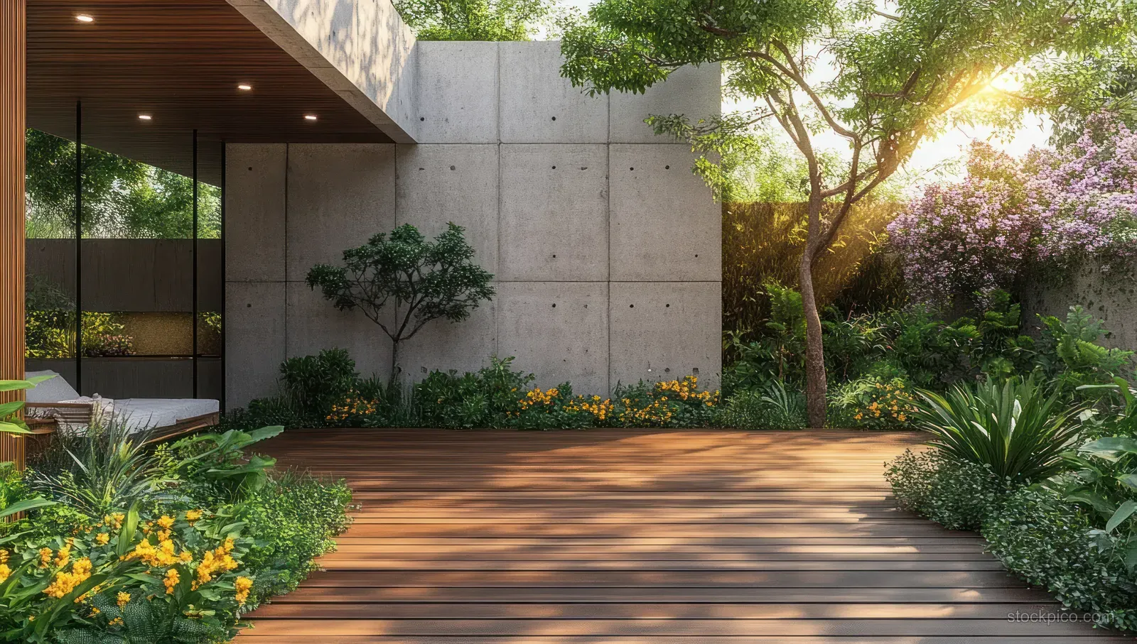 Sunlit tropical garden walkway beside a textured concrete wall with lush plants and flowers.