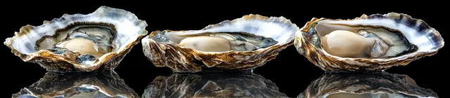 Three open oysters lie on a reflective black surface, showing wet shells and soft pale flesh.