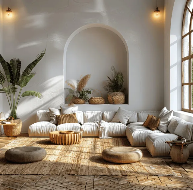 Boho coastal living room scene with arched sofa seating and sunlit textured wooden floor