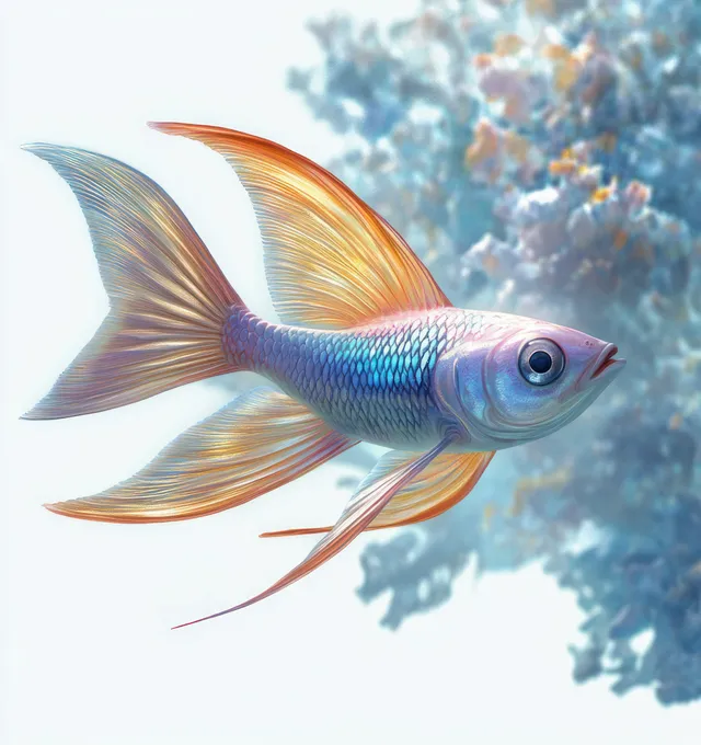 A colorful flying fish with glowing scales soars through misty blue ocean clouds.