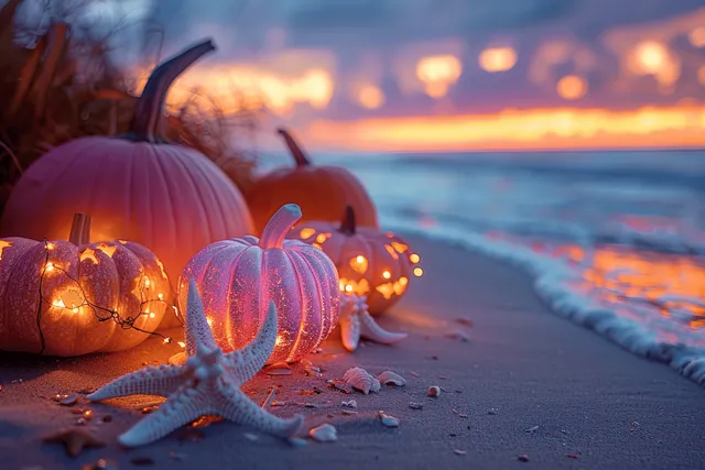 Lit pumpkins and starfish on a sunset beach with glowing Halloween lights