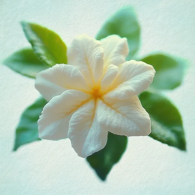 White flower bloom with soft petals and bright green leaves against a pale backdrop