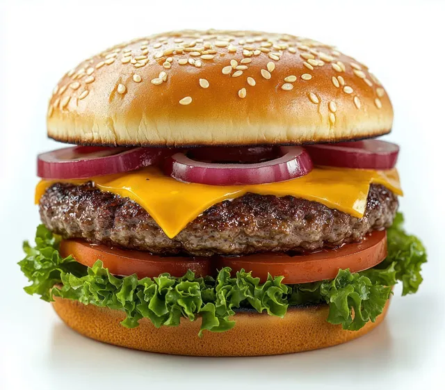 Close-up of a juicy cheeseburger with sesame bun, melted cheddar, grilled beef patty, lettuce, tomato, and red onion rings.