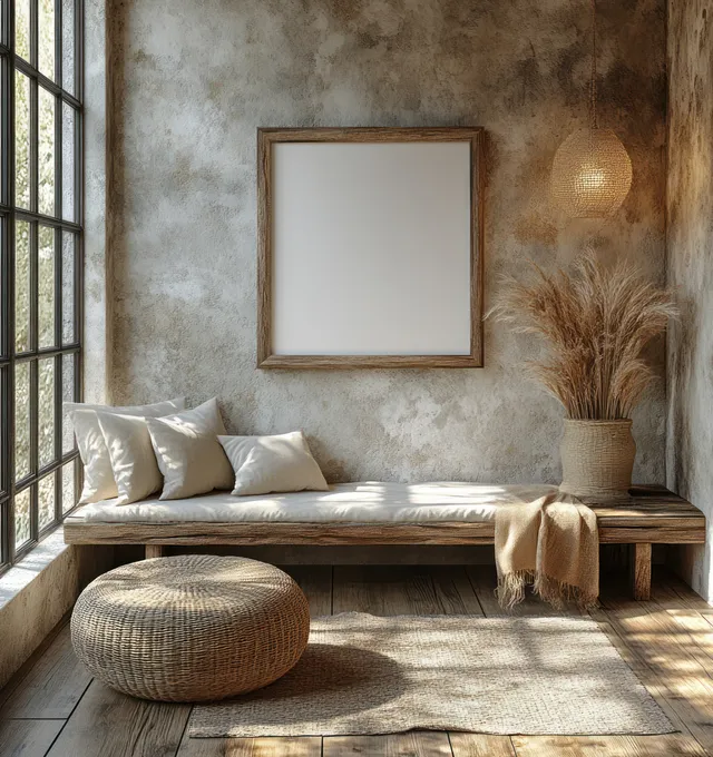A blank picture frame hangs above a wooden console table in a Scandinavian living room with soft sunlight and neutral textures.