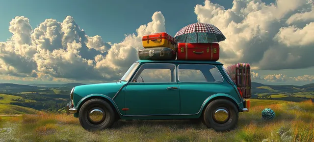 Vintage compact car in a grassy field with colorful suitcases and an umbrella on the roof under cloudy skies.