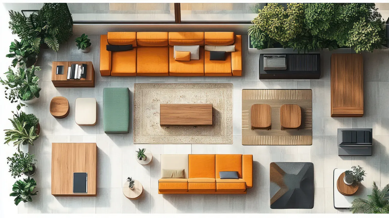 Overhead layout illustration of a minimalist living room with a vibrant orange sofa, tables, and potted plants.