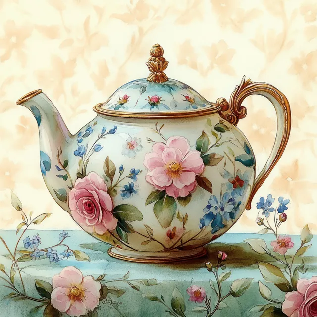 Porcelain teapot with a gold handle featuring pink roses and blue flowers on a decorated table with soft floral wallpaper.