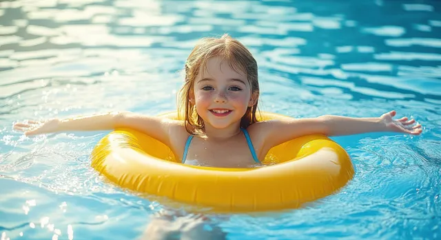Smiling young girl floating in a yellow inflatable ring in a sunny pool