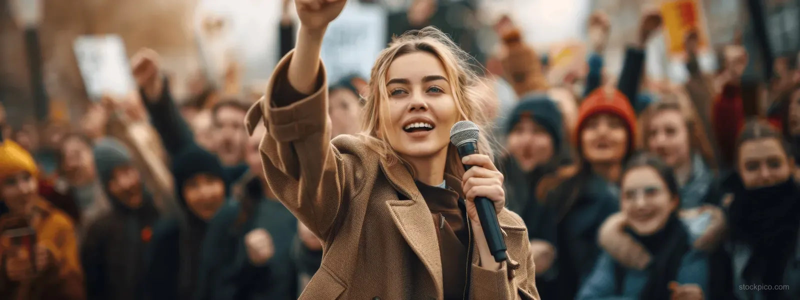 A young woman activist speaks into a microphone while leading a street protest with a crowd behind her.
