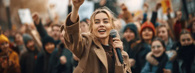 Young female activist speaking into microphone during street protest with raised fist
