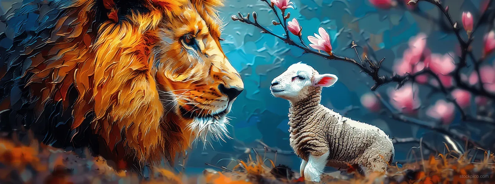 A lion and a lamb face each other in a moody outdoor scene with trees and grass.