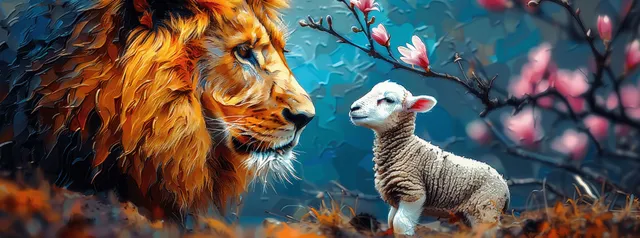 Lion and lamb facing off in a dark nature scene with contrasting light
