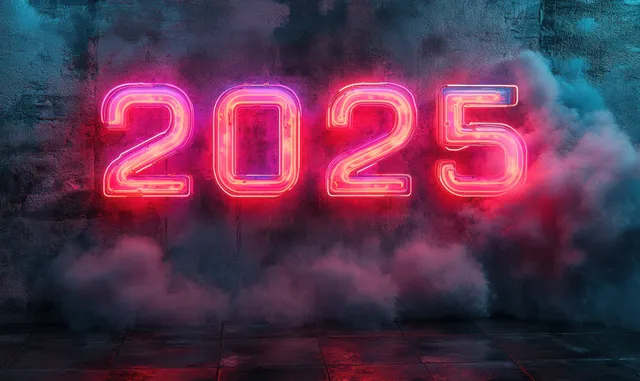 Neon “2025” sign glowing in pink and blue cyberpunk atmosphere with smoke