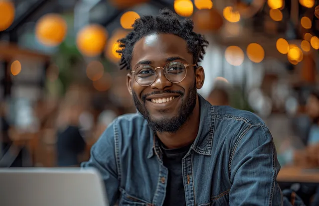 A man in a denim shirt works at a laptop while colleagues blur in the background of an office meeting.