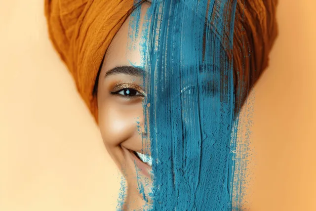 Smiling African woman in an orange headwrap with blue facial paint and gold makeup against a warm studio backdrop.