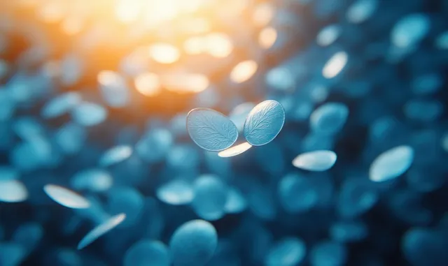 Two small blue heart-like coins float above blurred coin particles on a pastel gradient background.