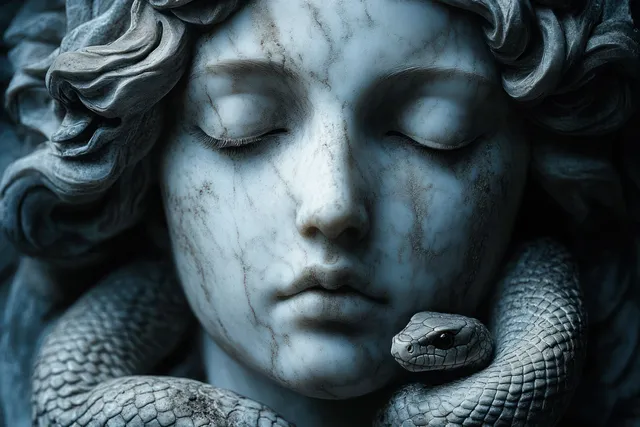 Marble statue face with closed eyes as a scaled snake wraps around its neck in cool blue-gray light.