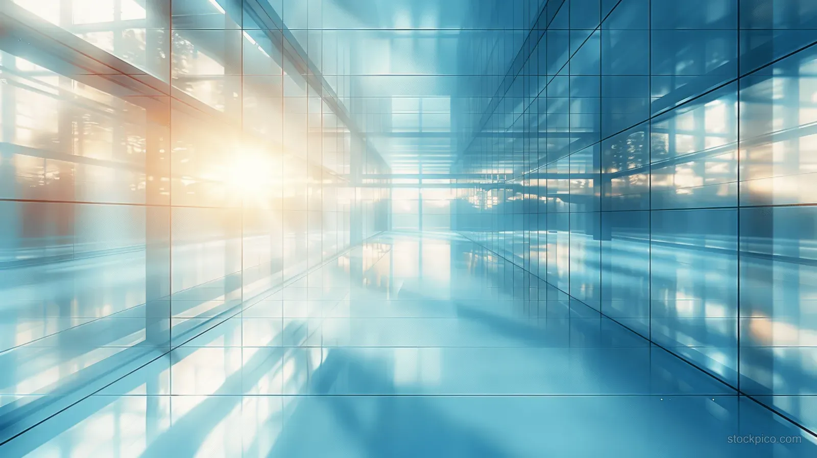 Glass-walled office interior with bright sunlight and city reflections.