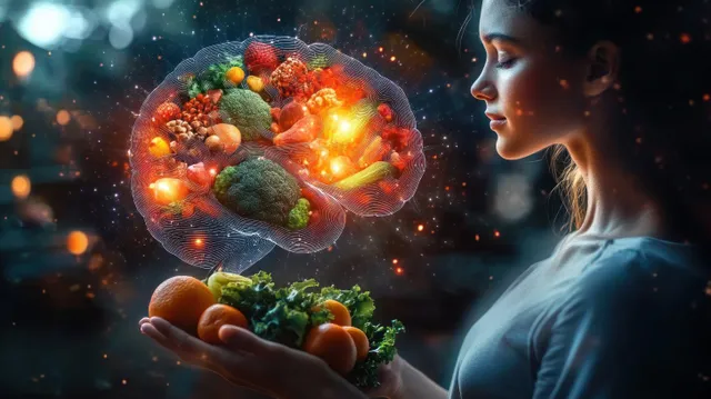A young woman holds fresh fruits and vegetables while a glowing brain-shaped hologram floats above her hands.
