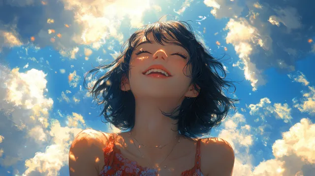 Young girl laughing outdoors beneath bright blue sky and fluffy white clouds