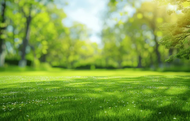 Spring park meadow with green grass and sunlit trees, softly blurred sky and clouds