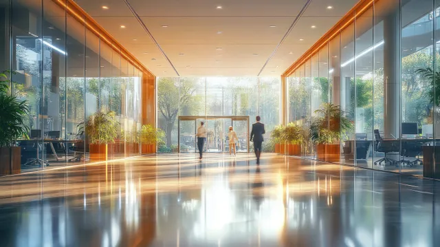 Professionals walking through a bright glass office lobby with light trails and reflections