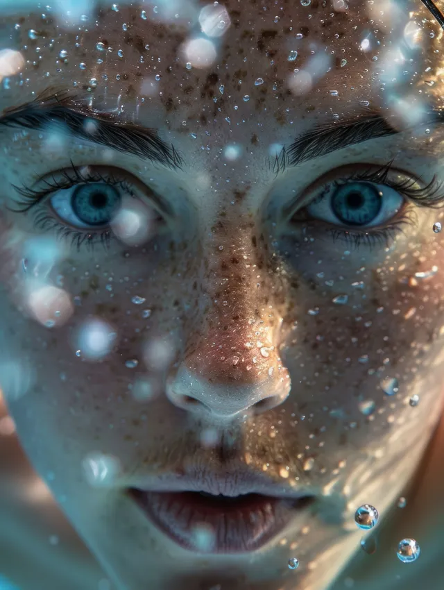 Australian female swimmer drives through 100m freestyle, face close-up with water droplets