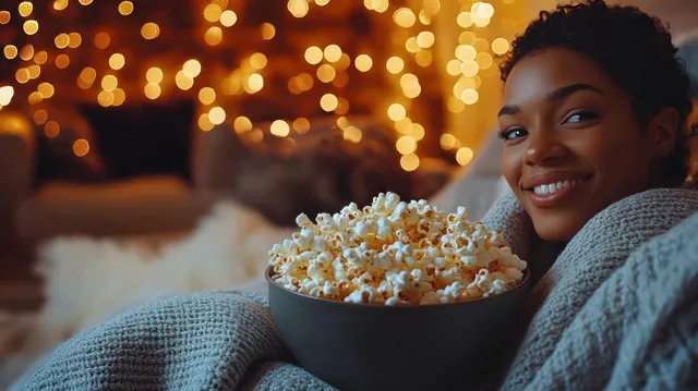 Cozy Home Movie Night with Popcorn and Warm Ambient Lighting