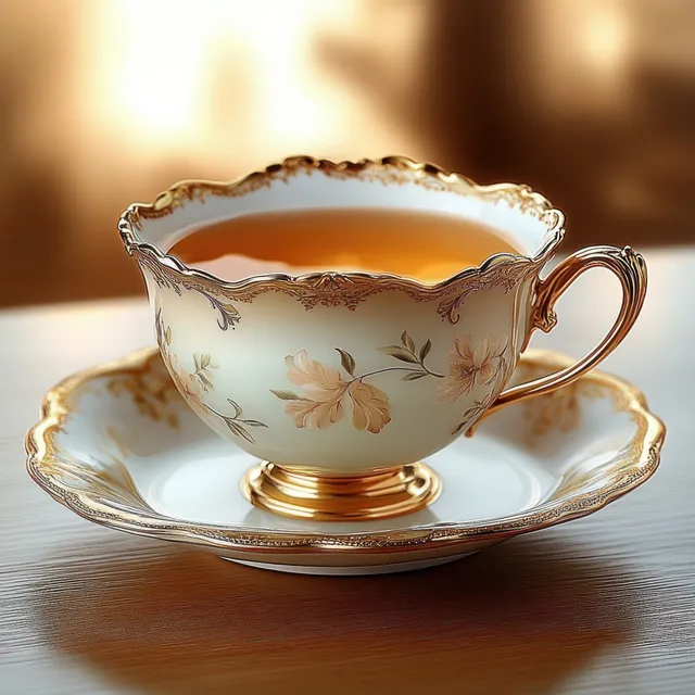 Vintage porcelain tea cup with a gold rim and floral design filled with tea on a matching saucer in warm light.