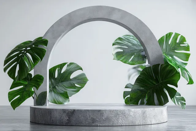 Vibrant monstera leaves frame a minimalist concrete circular platform in front of a gray arch backdrop.