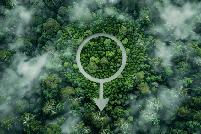 Sustainability target icon over lush forest canopy with misty carbon-reduction visual