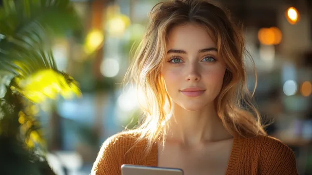 Mature business woman holding a tablet in a modern office with warm bokeh light with Shallow Depth Of Field