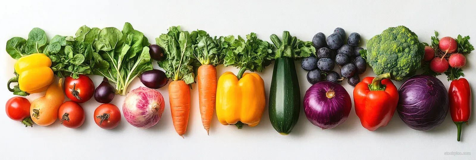 A horizontal row of colorful vegetables including peppers, carrots, eggplant, and tomatoes on a light countertop.