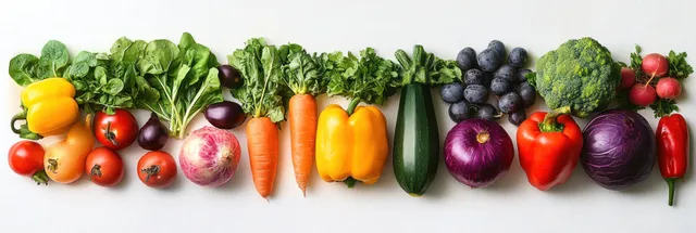 A horizontal row of colorful vegetables including peppers, carrots, eggplant, and tomatoes on a light countertop.